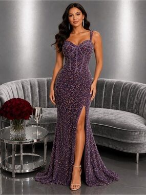 NWT Purple Velvet & Sequin Mermaid Gown Lace-Up Back  High Slit  Size 10